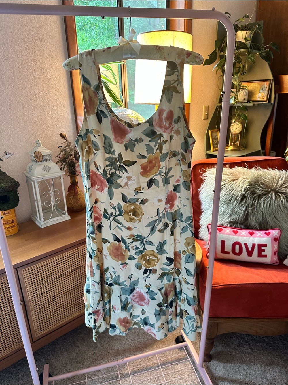 1990s Sleeveless Floral A-Line Dress - Cream with Pink & Yellow Bloom
